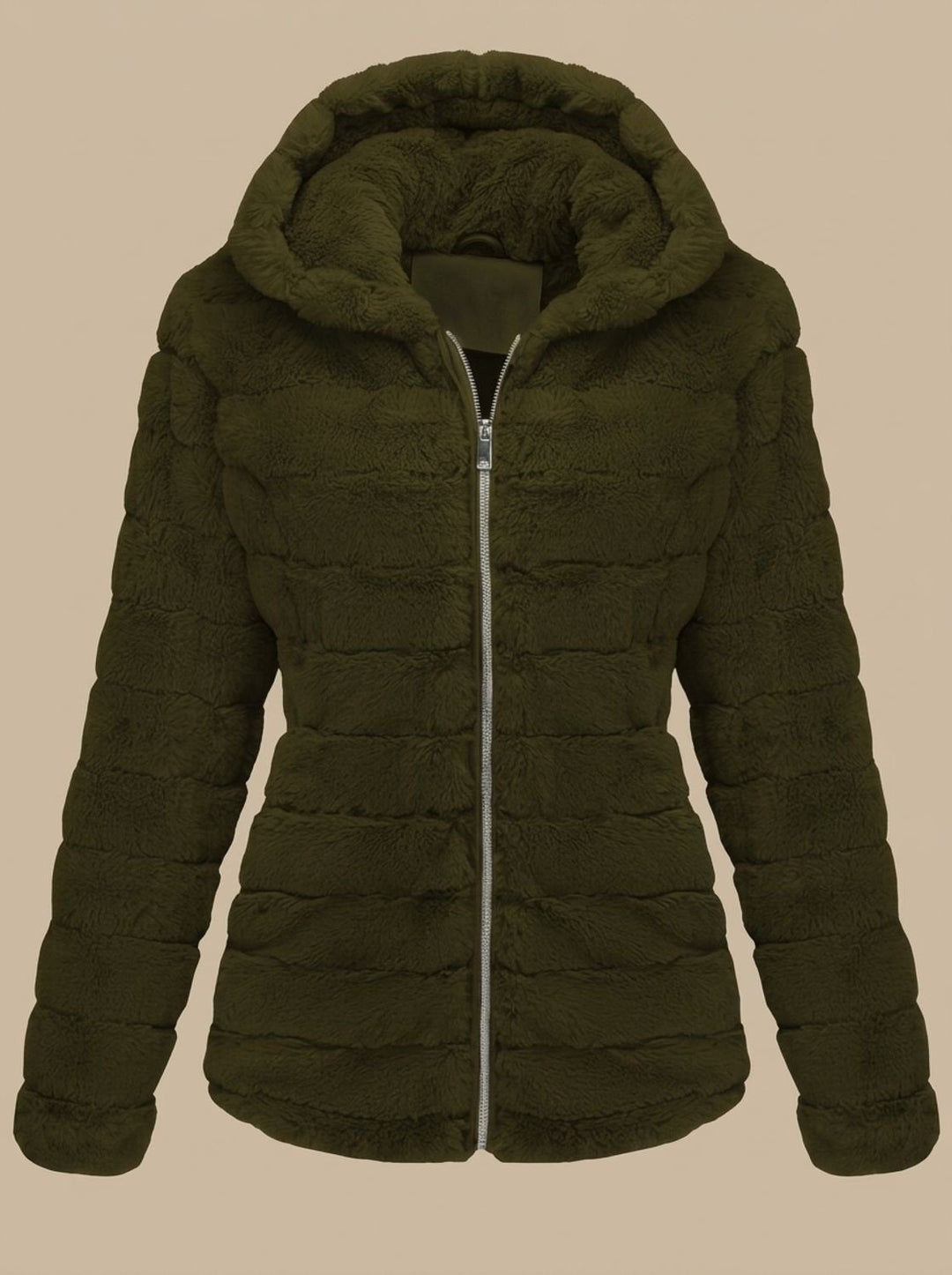 Rosalie hooded faux fur jacket in beige, back view showing hood detail