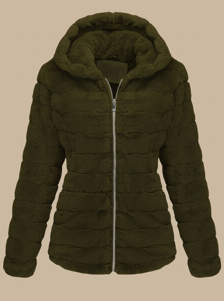 Rosalie hooded faux fur jacket in beige, back view showing hood detail