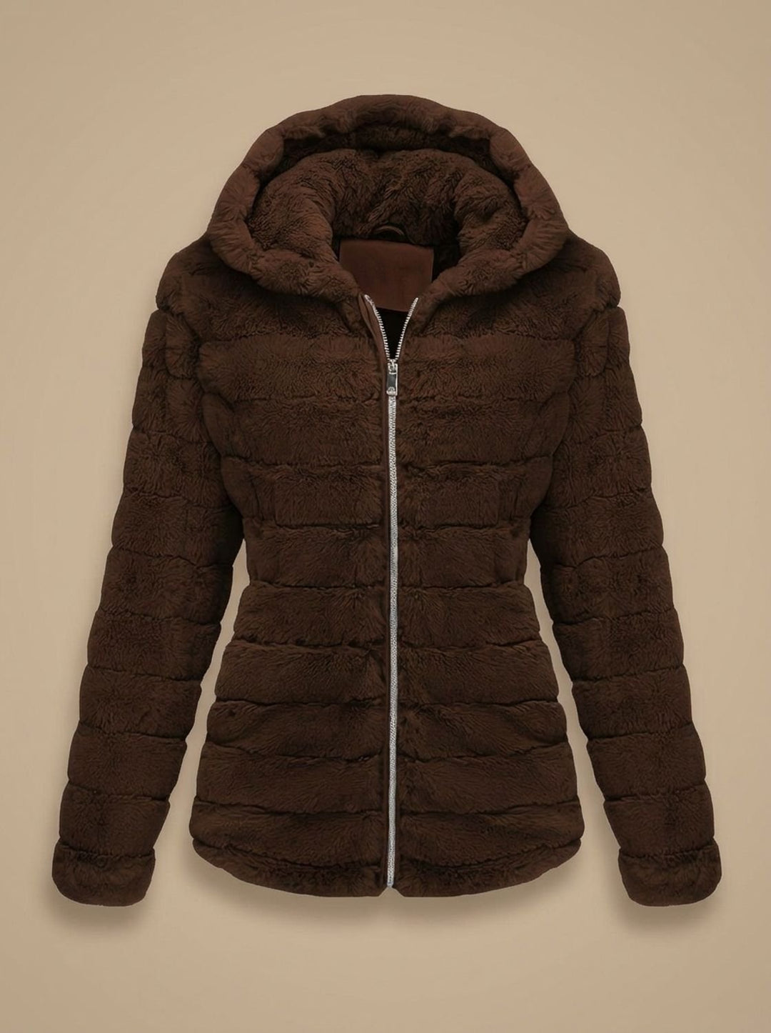 Rosalie hooded faux fur jacket in beige, back view showing hood detail