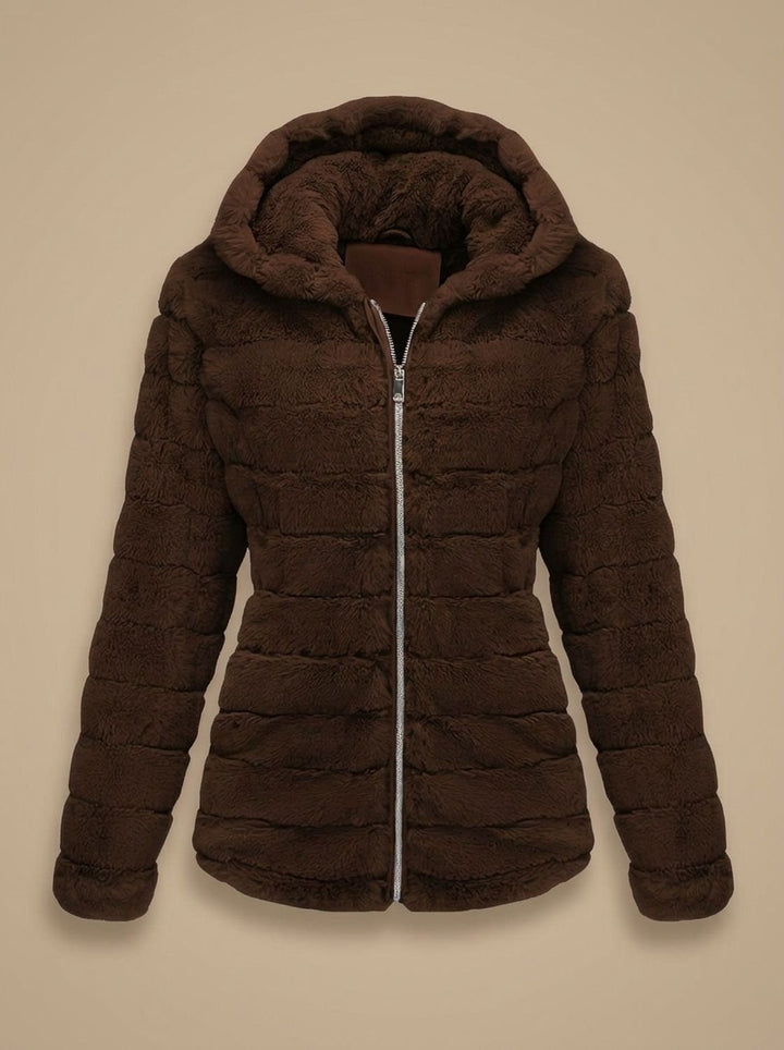 Rosalie hooded faux fur jacket in beige, back view showing hood detail