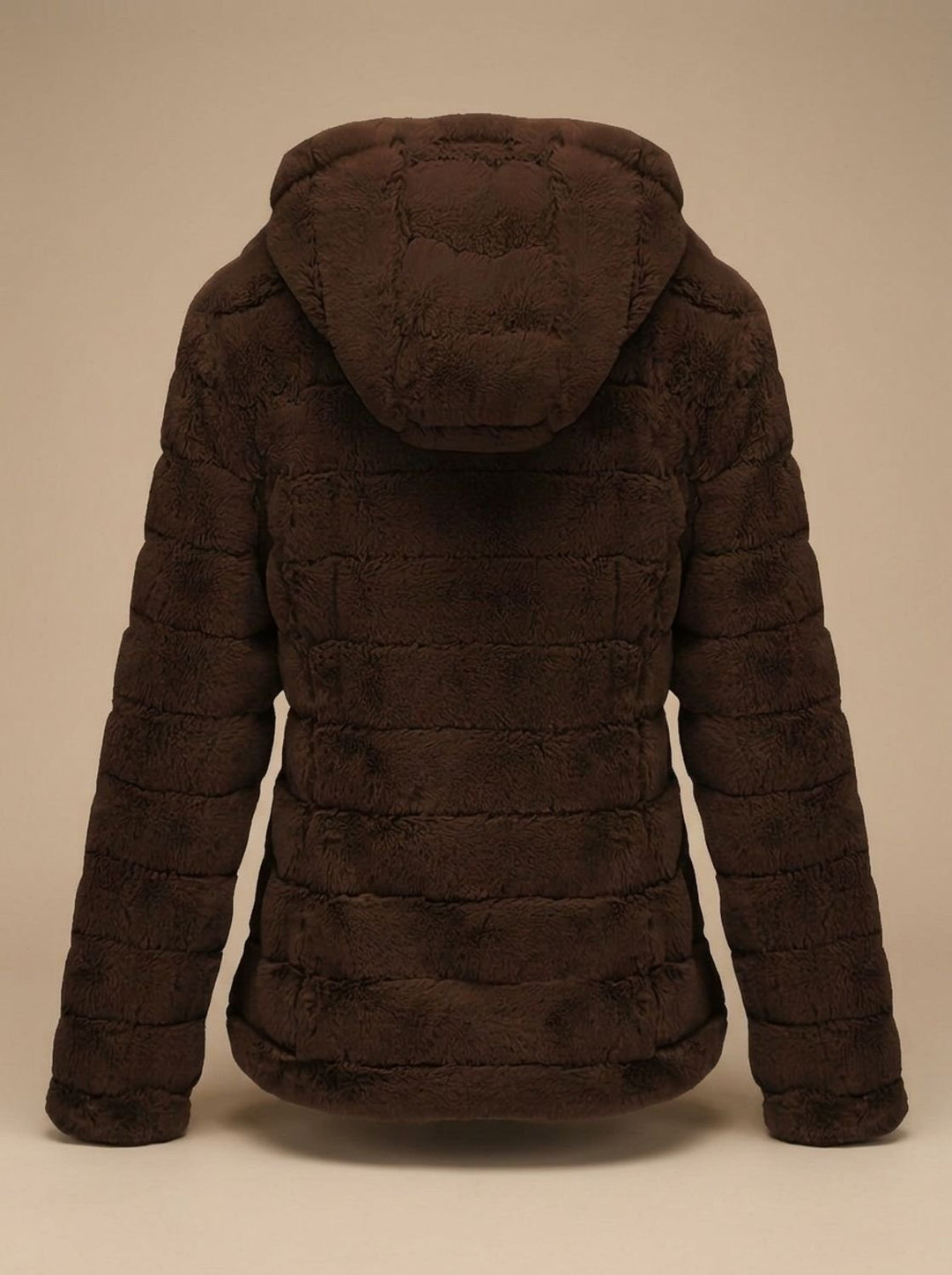 Rosalie hooded faux fur jacket in beige, back view showing hood detail