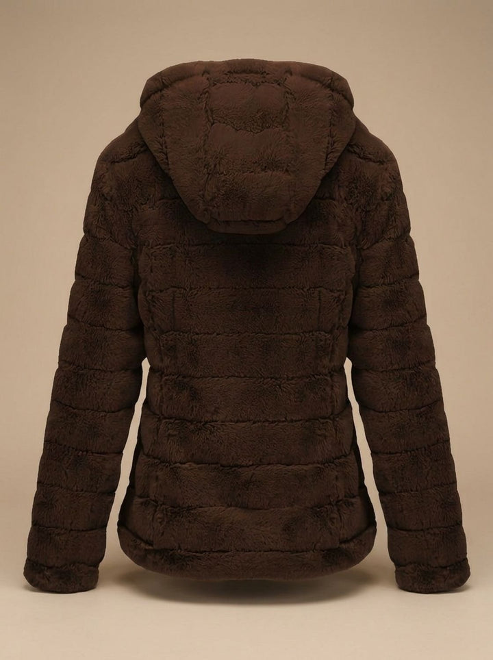 Rosalie hooded faux fur jacket in beige, back view showing hood detail