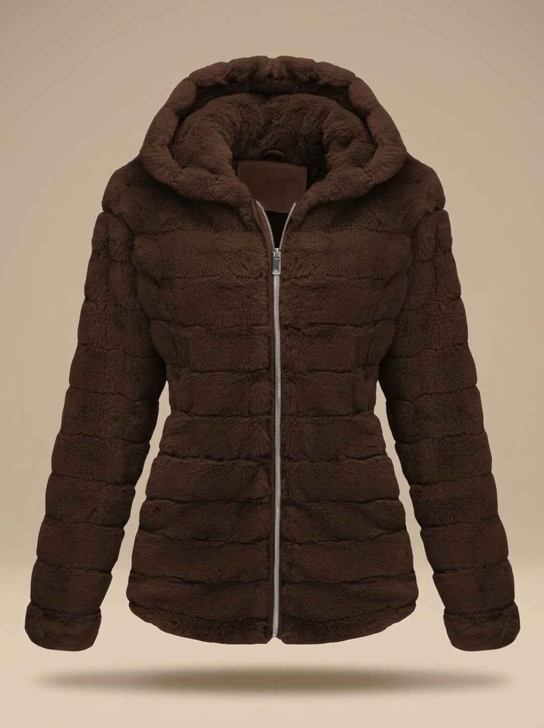 Rosalie hooded faux fur jacket in beige, back view showing hood detail
