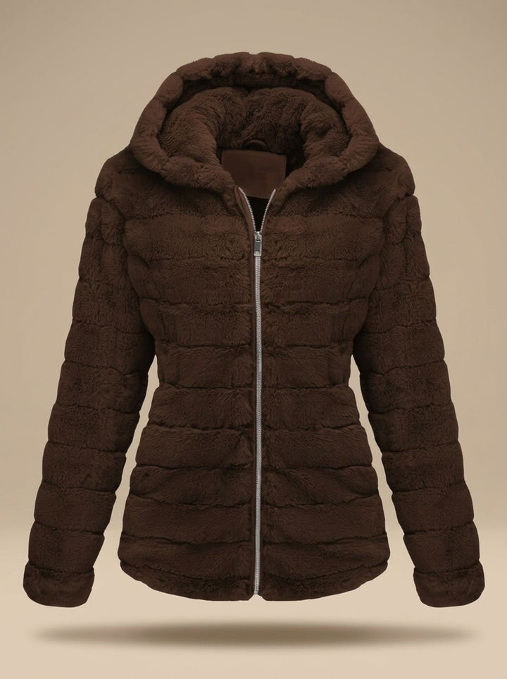 Rosalie hooded faux fur jacket in beige, back view showing hood detail