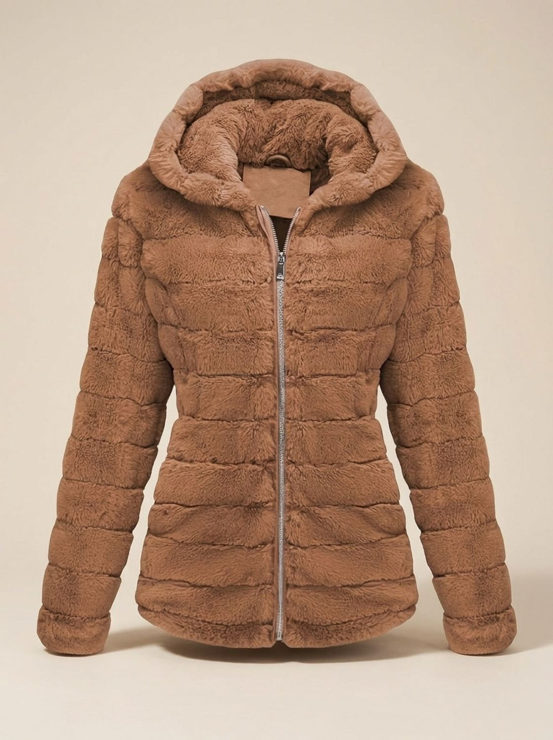 Rosalie hooded faux fur jacket in beige, back view showing hood detail