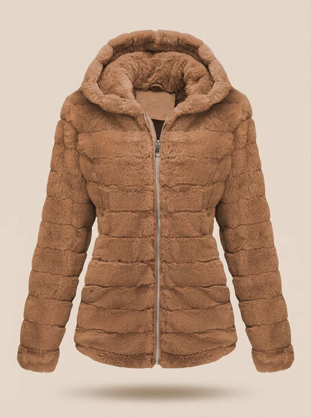 Rosalie hooded faux fur jacket in beige, back view showing hood detail