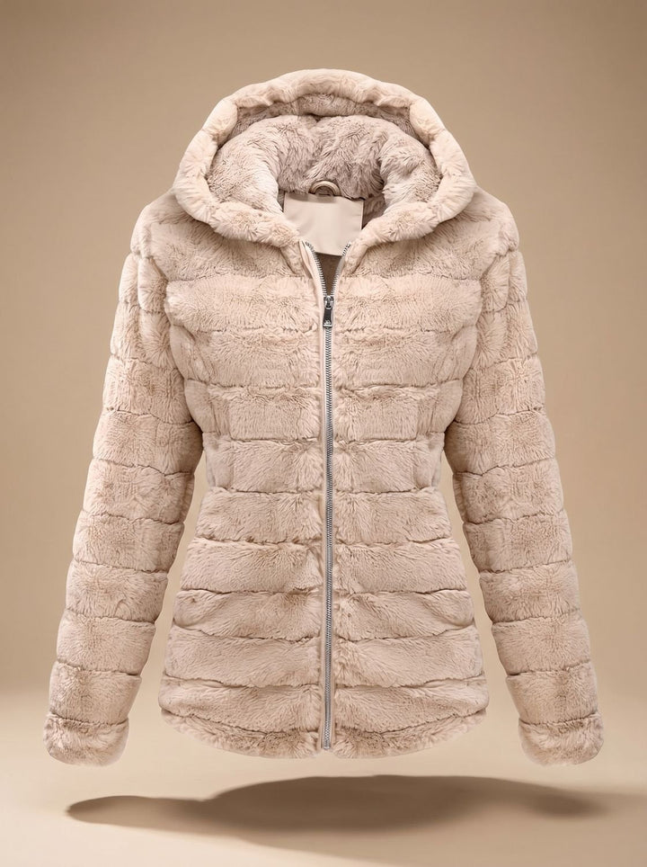 Rosalie hooded faux fur jacket in beige, zipped closed, front view