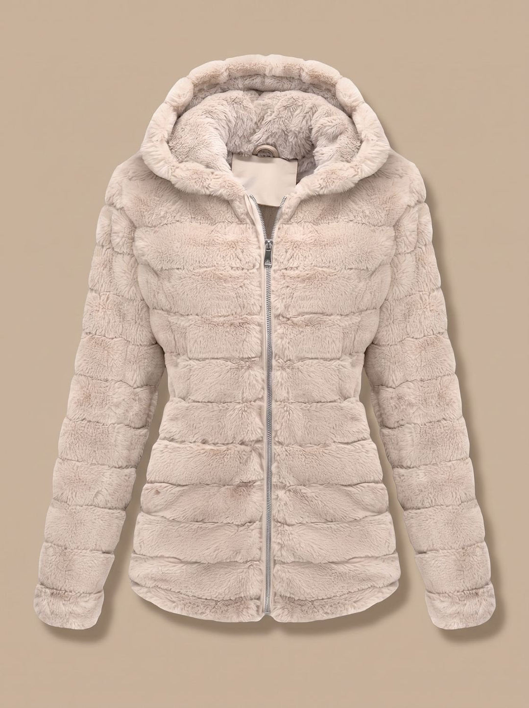 Rosalie hooded faux fur jacket in beige, front view on display