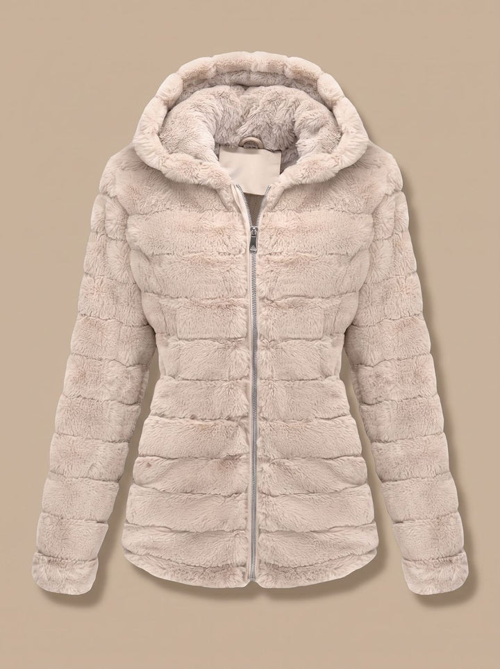Rosalie hooded faux fur jacket in beige, front view on display