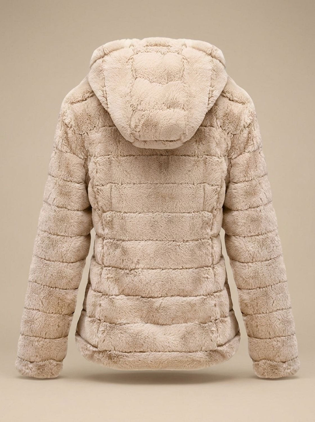 Rosalie hooded faux fur jacket in beige, back view showing hood detail