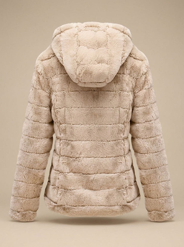 Rosalie hooded faux fur jacket in beige, back view showing hood detail