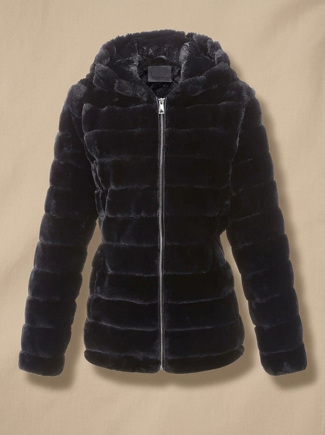 Rosalie hooded faux fur jacket in beige, back view showing hood detail
