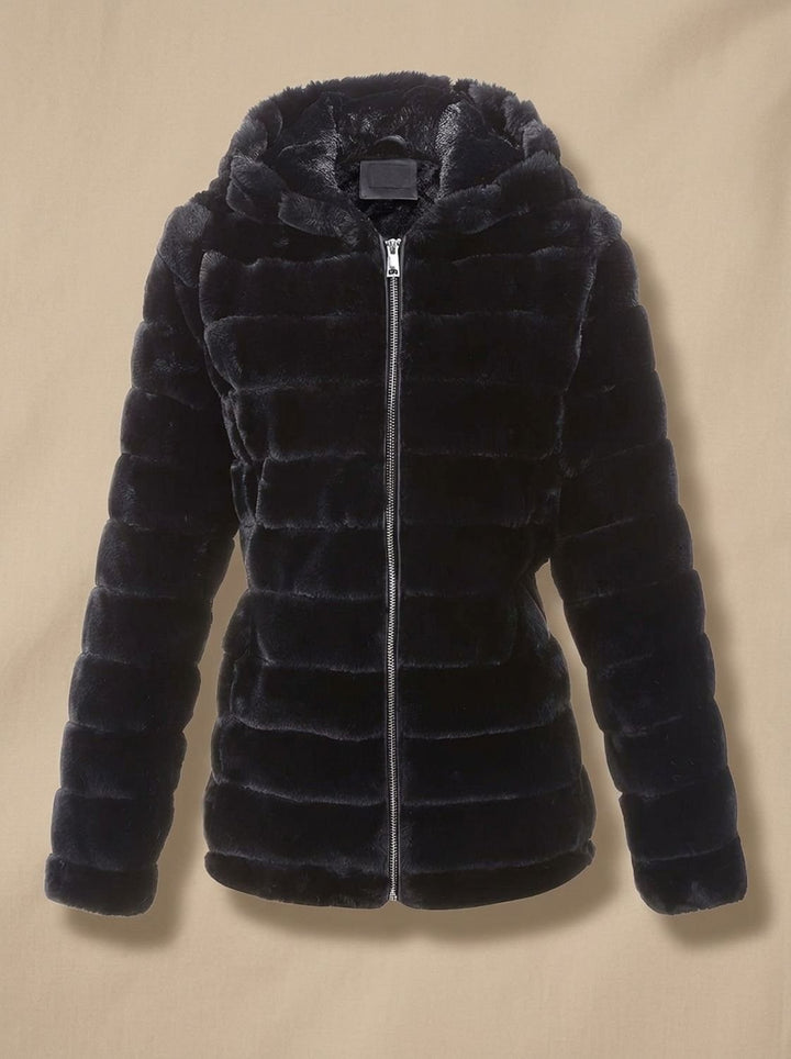 Rosalie hooded faux fur jacket in beige, back view showing hood detail