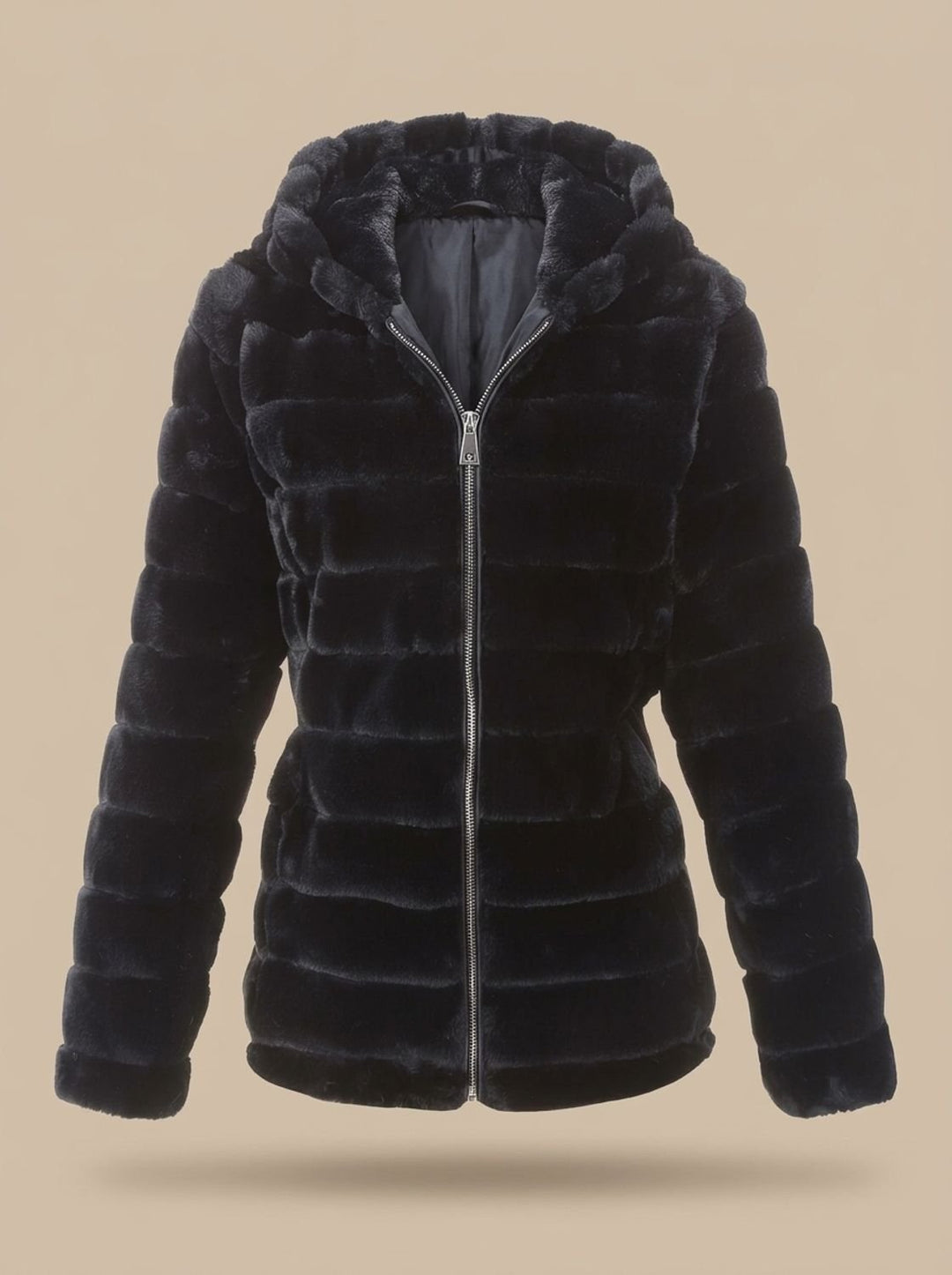 Rosalie hooded faux fur jacket in beige, back view showing hood detail