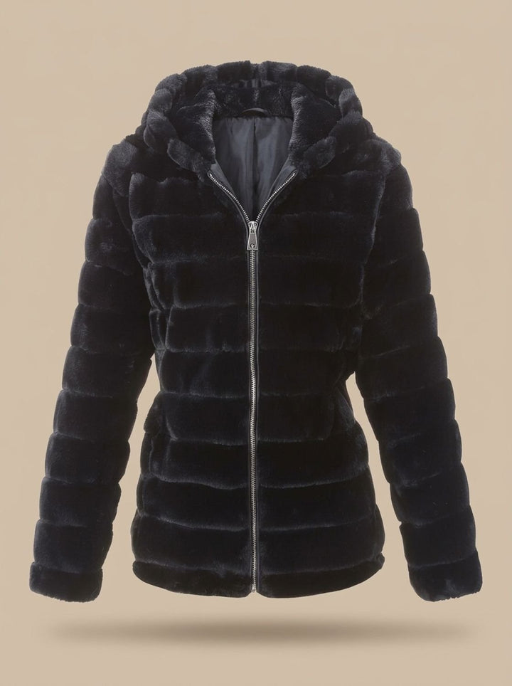 Rosalie hooded faux fur jacket in beige, back view showing hood detail