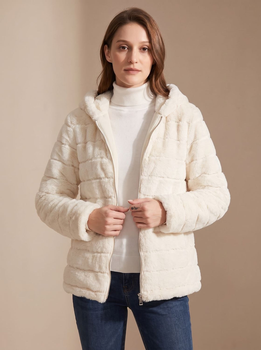 Rosalie hooded faux fur jacket in beige, back view showing hood detail