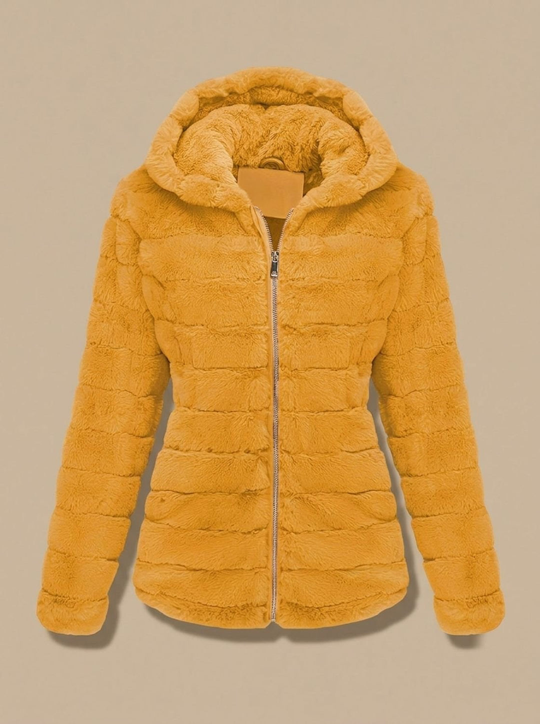 Rosalie hooded faux fur jacket in beige, back view showing hood detail