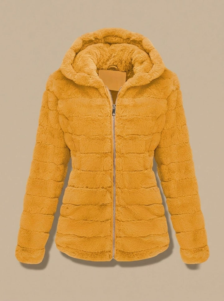 Rosalie hooded faux fur jacket in beige, back view showing hood detail