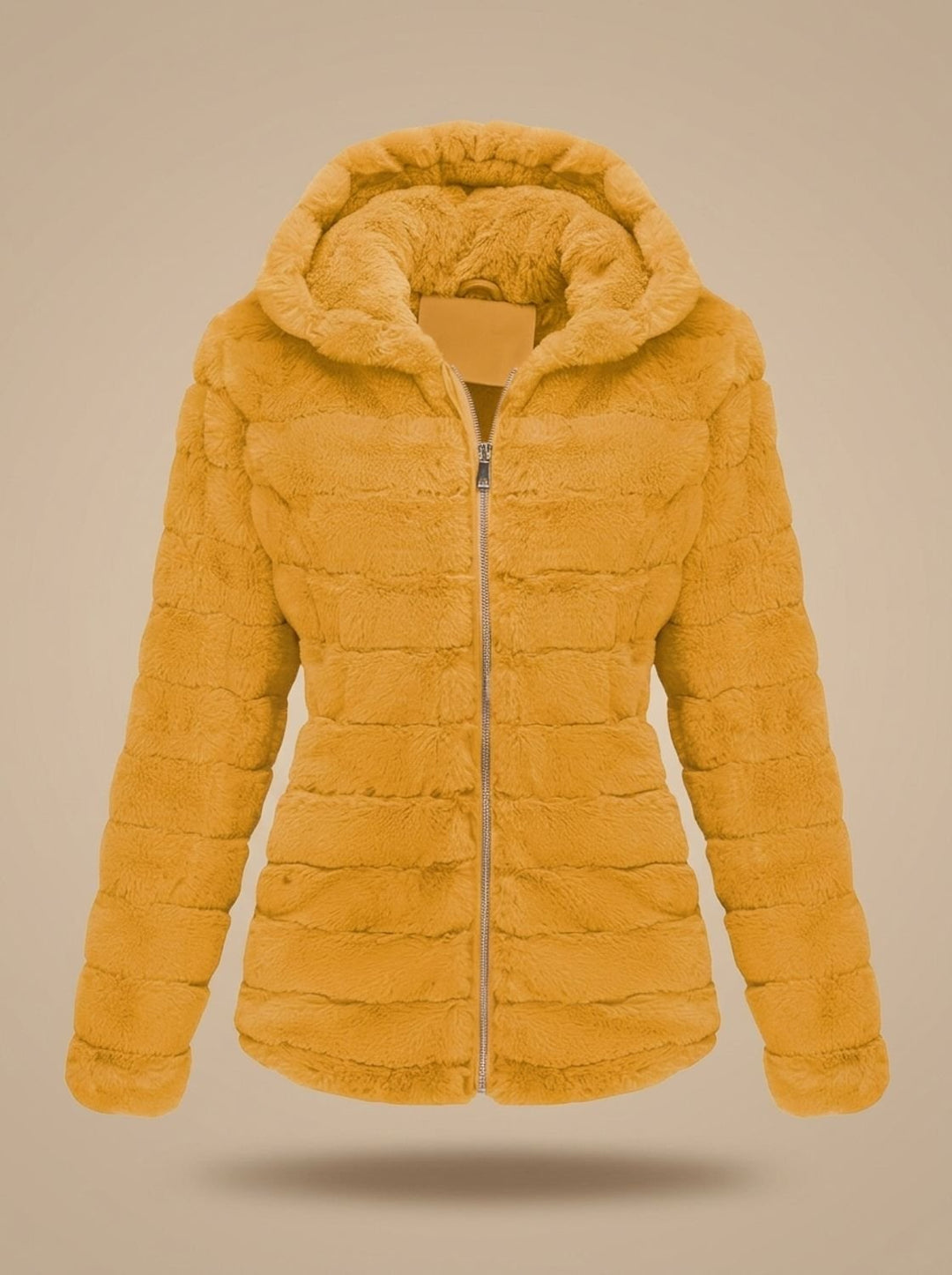 Rosalie hooded faux fur jacket in beige, back view showing hood detail