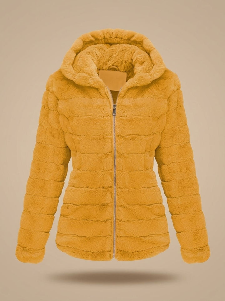 Rosalie hooded faux fur jacket in beige, back view showing hood detail
