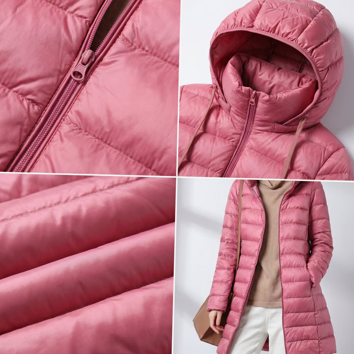 Wilhelmina long puffer jacket in neutral tone with hood, styled with handbag