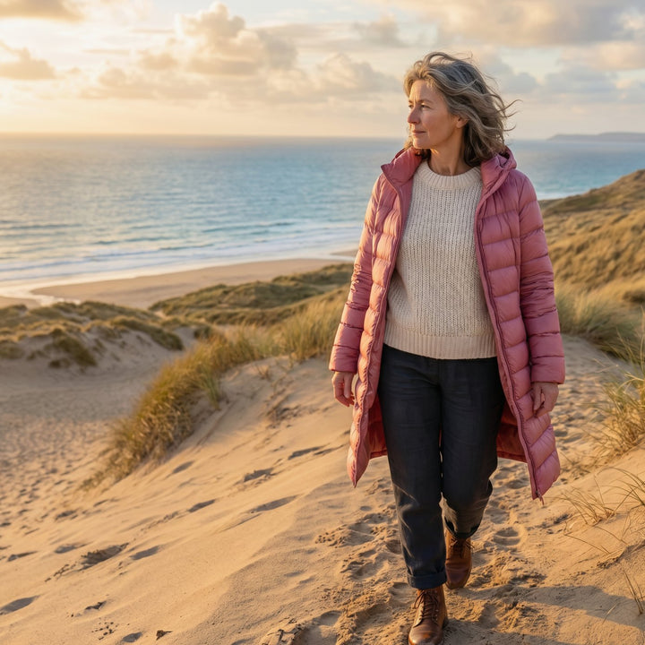 Wilhelmina pink long puffer jacket worn outdoors on a coastal walk