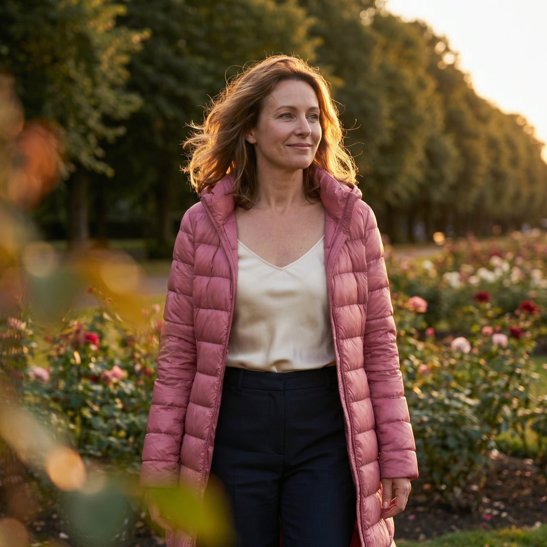 Wilhelmina pink long puffer jacket worn in a garden setting