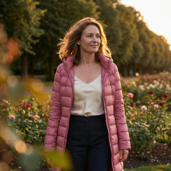 Wilhelmina pink long puffer jacket worn in a garden setting