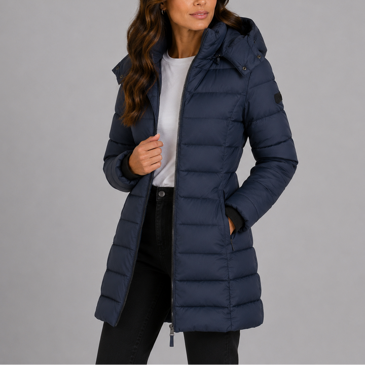 Winona navy hooded puffer jacket, front view with hood down