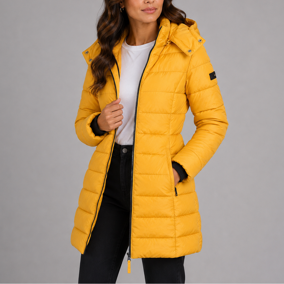 Winona yellow hooded puffer jacket, close-up front view