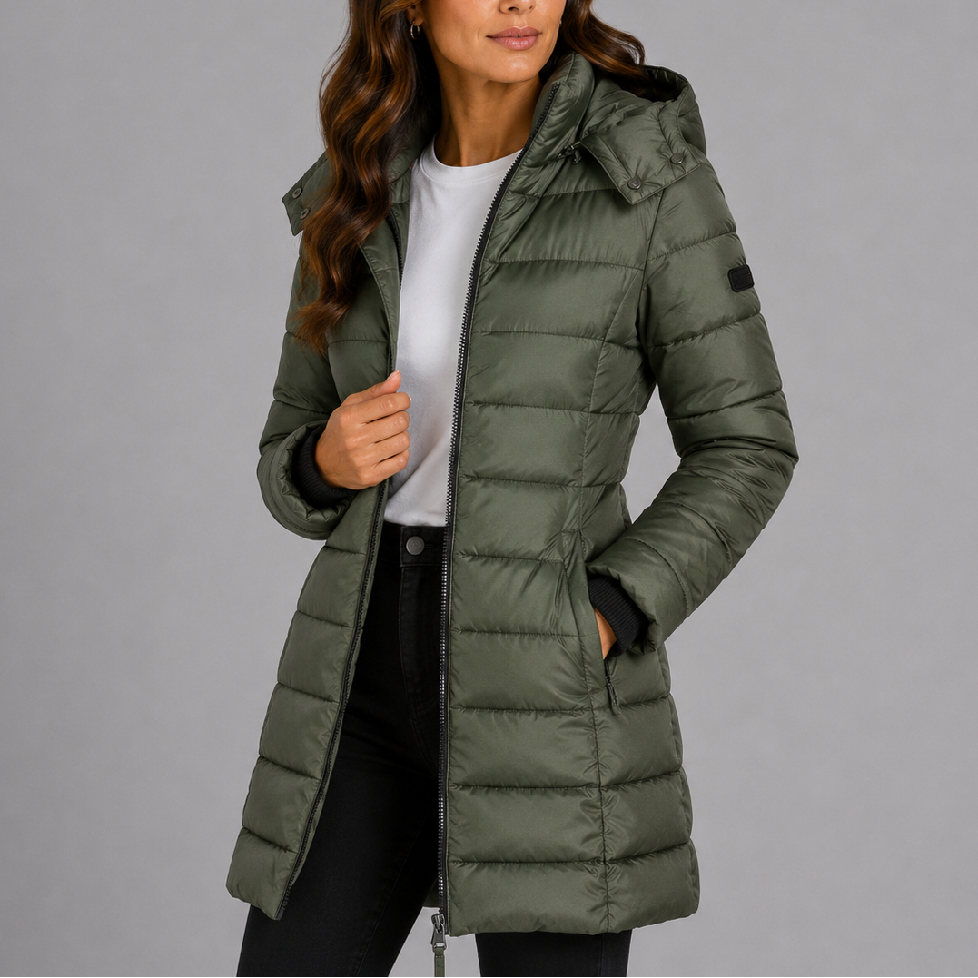 Winona yellow hooded puffer jacket, close-up front view