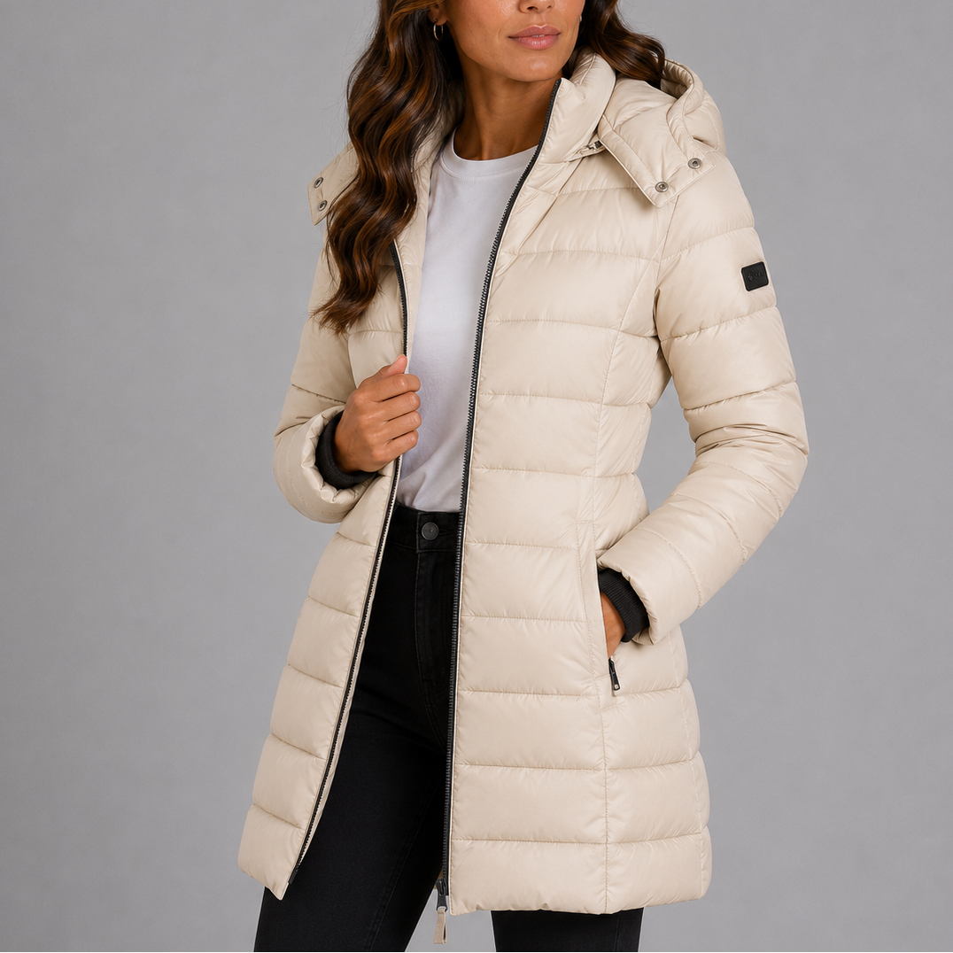 Winona yellow hooded puffer jacket, close-up front view