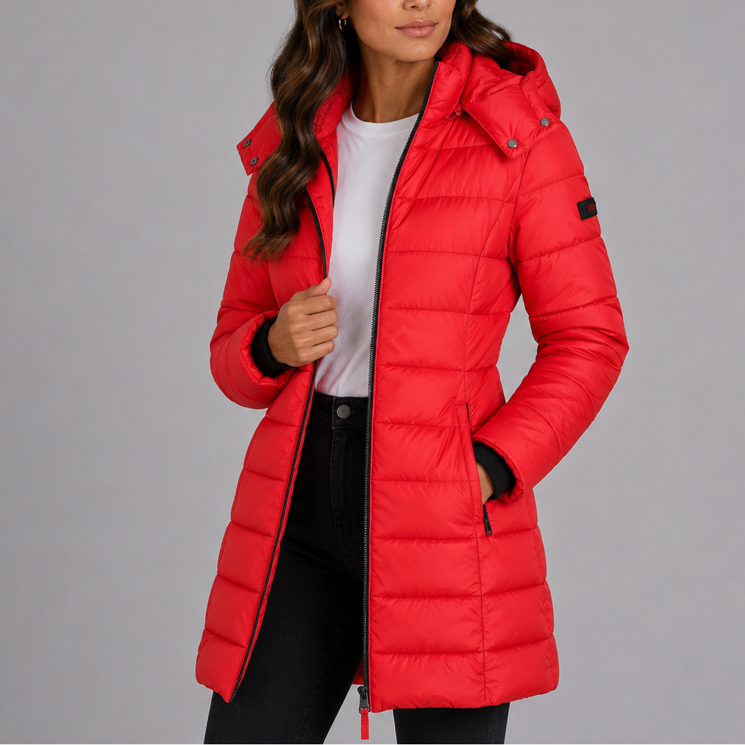 Winona yellow hooded puffer jacket, close-up front view