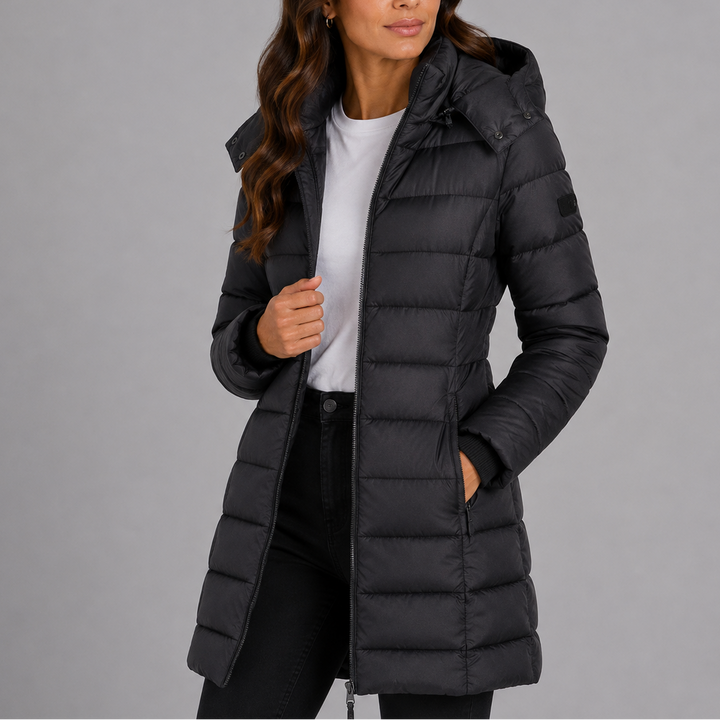 Winona yellow hooded puffer jacket, close-up front view