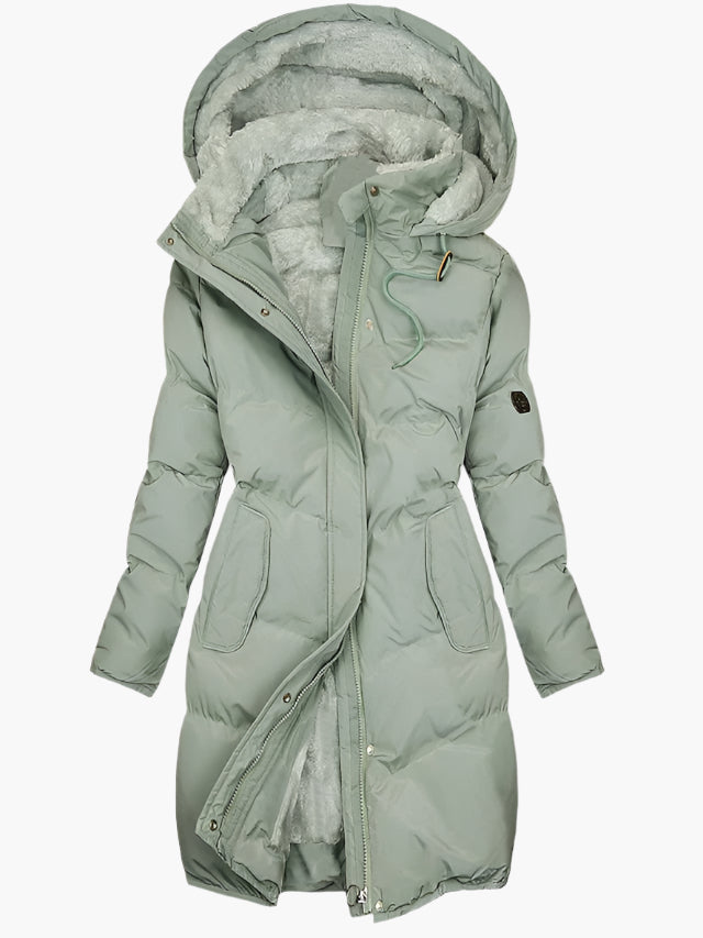 Clementine long quilted puffer coat in sage green, front view with hood up
