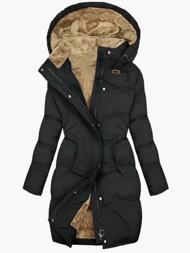 Clementine long quilted puffer coat in black, front view with hood up