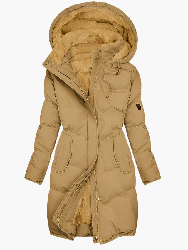 Clementine long quilted puffer coat in tan, front view with hood up