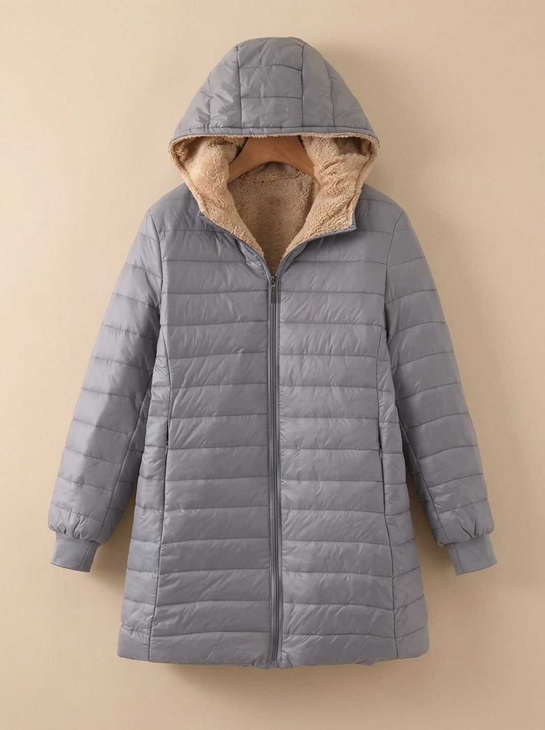 Marisabel grey hooded longline puffer jacket, front view on hanger
