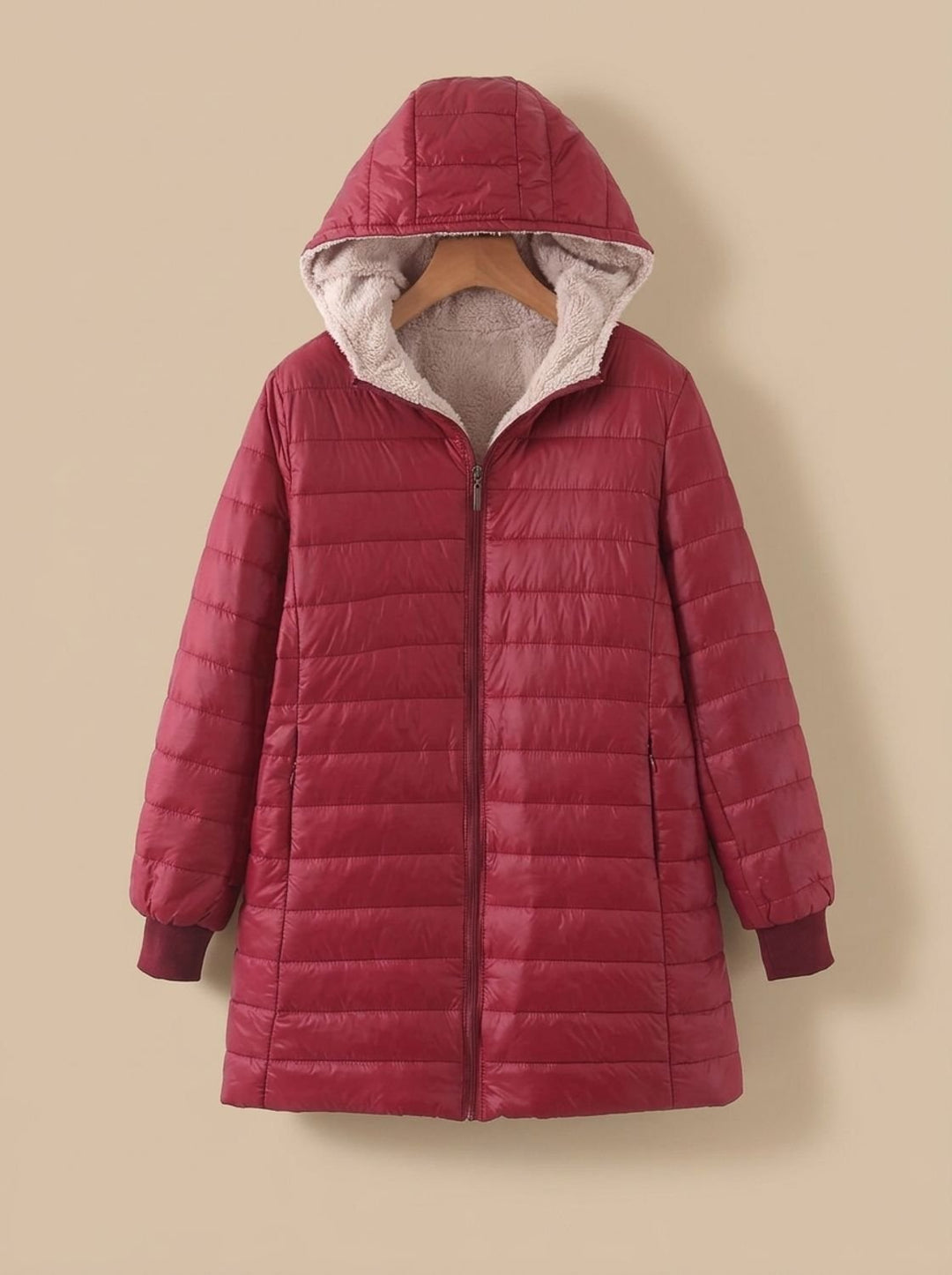Marisabel grey hooded longline puffer jacket, front view on hanger
