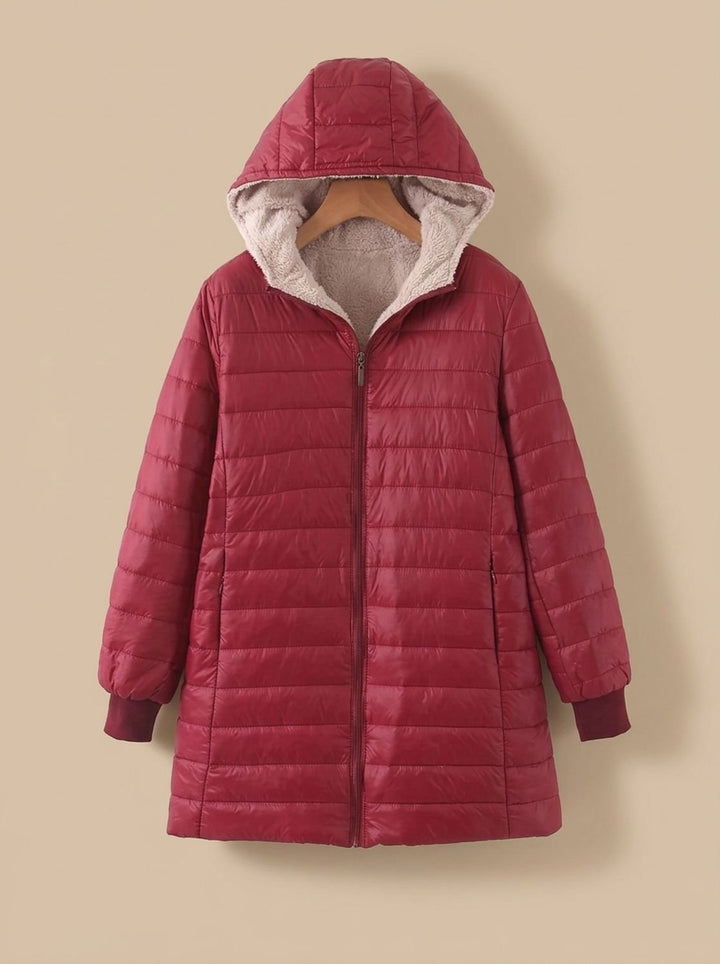 Marisabel grey hooded longline puffer jacket, front view on hanger