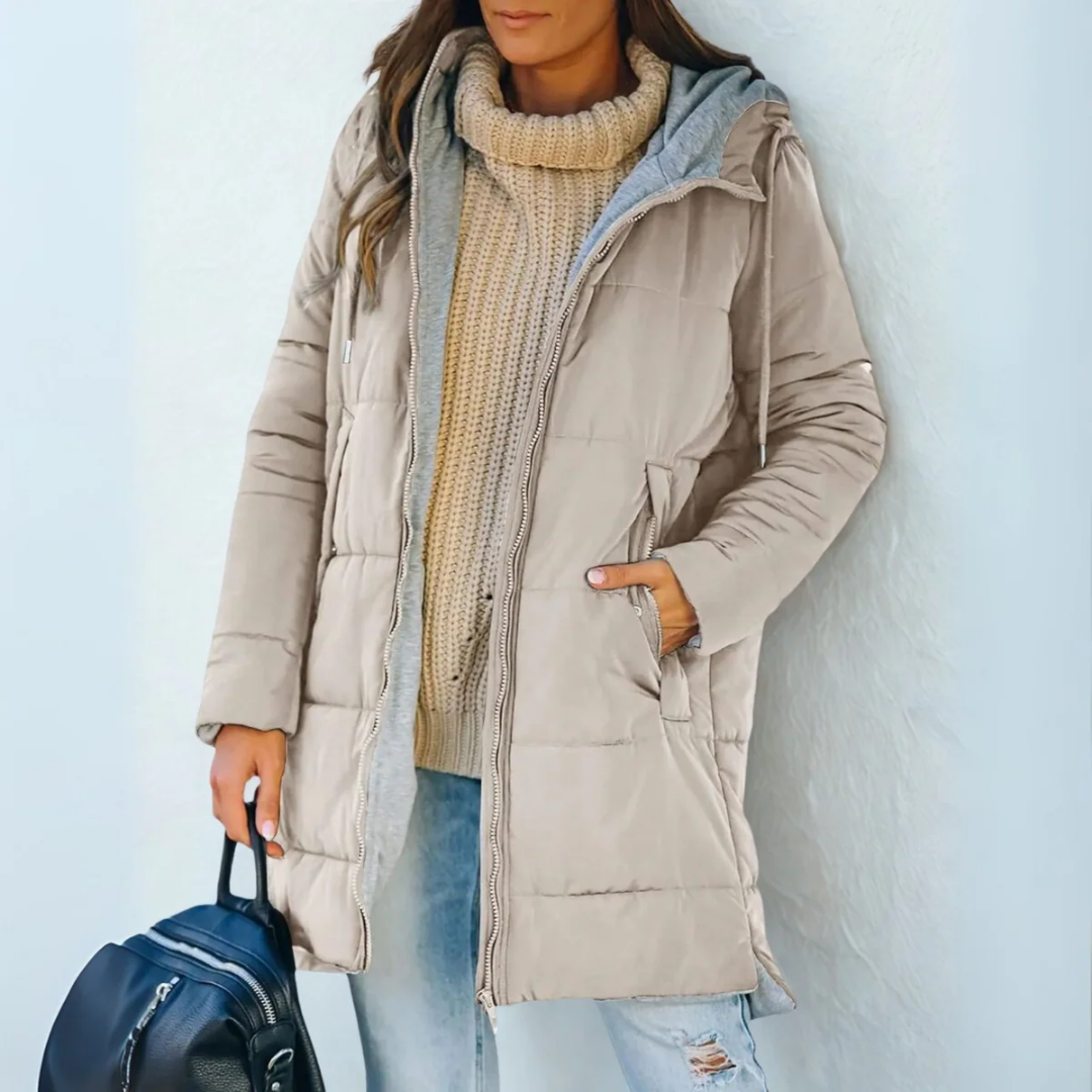 Season hooded winter coat in beige, front view with turtleneck sweater