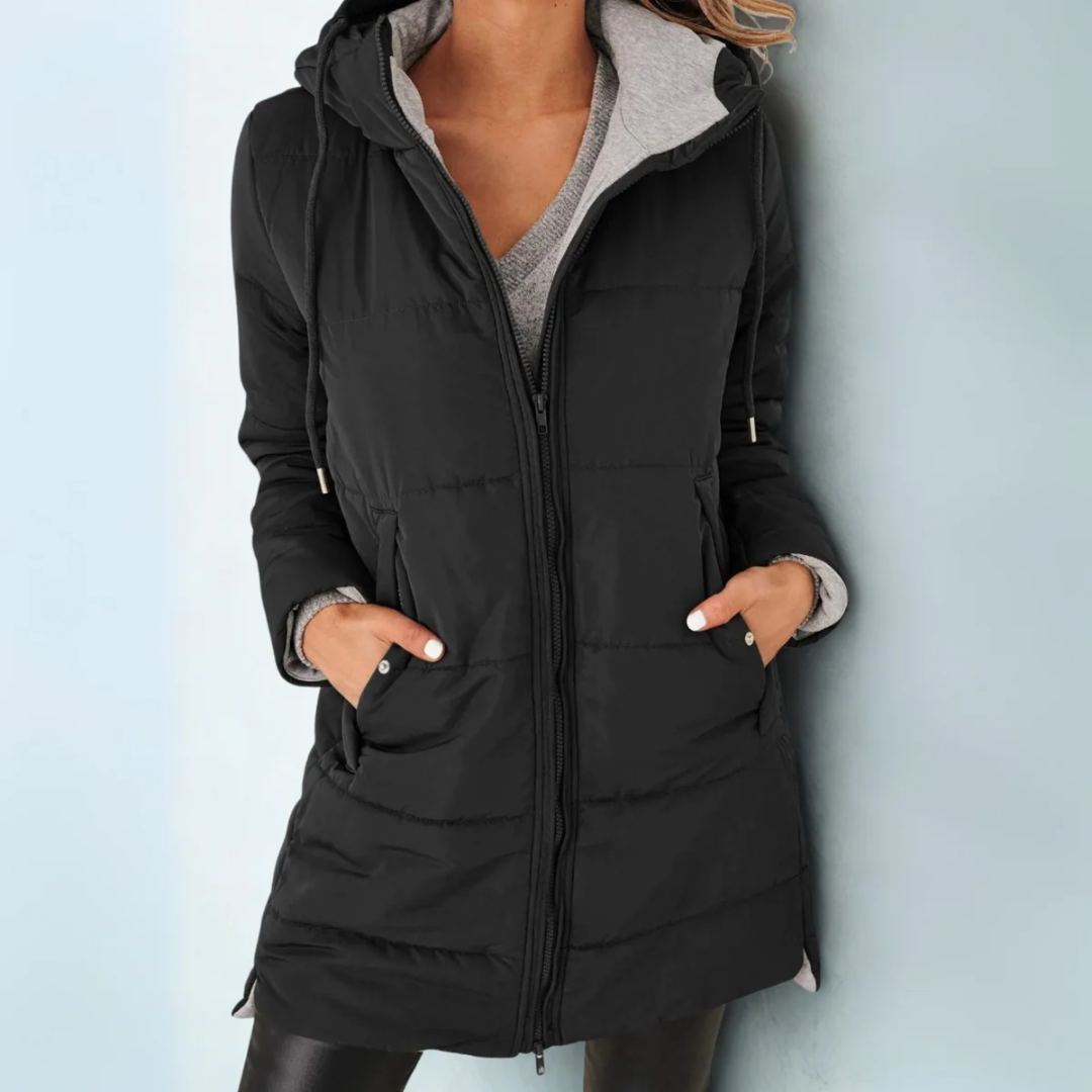 Season hooded winter coat in black, front view with hands in pockets