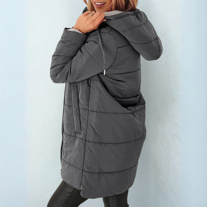 Season hooded winter coat in dark gray, side view showing hood and pockets