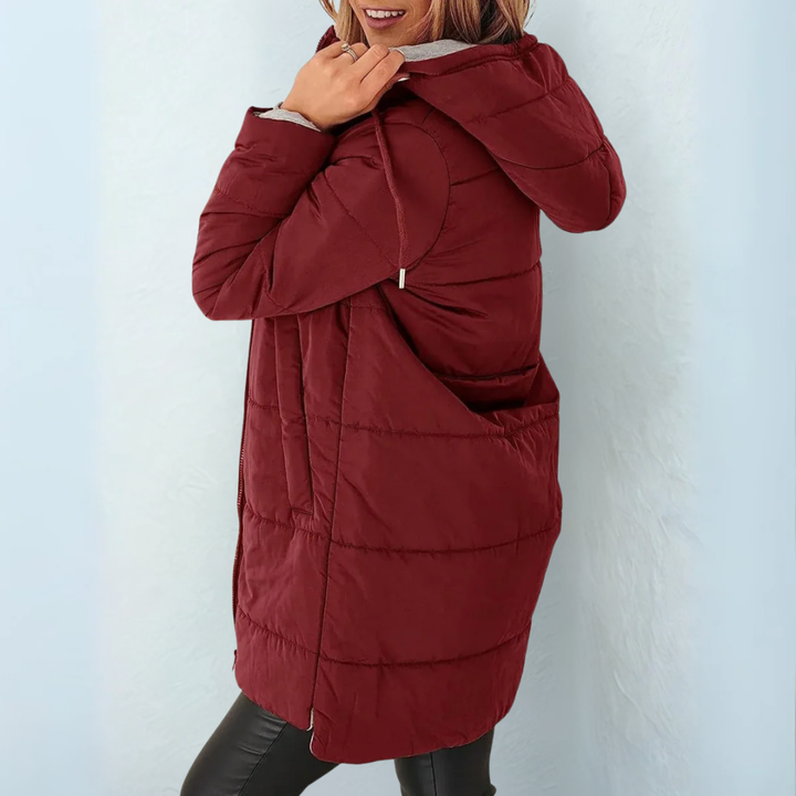 Season hooded winter coat in navy, open front view showing interior lining