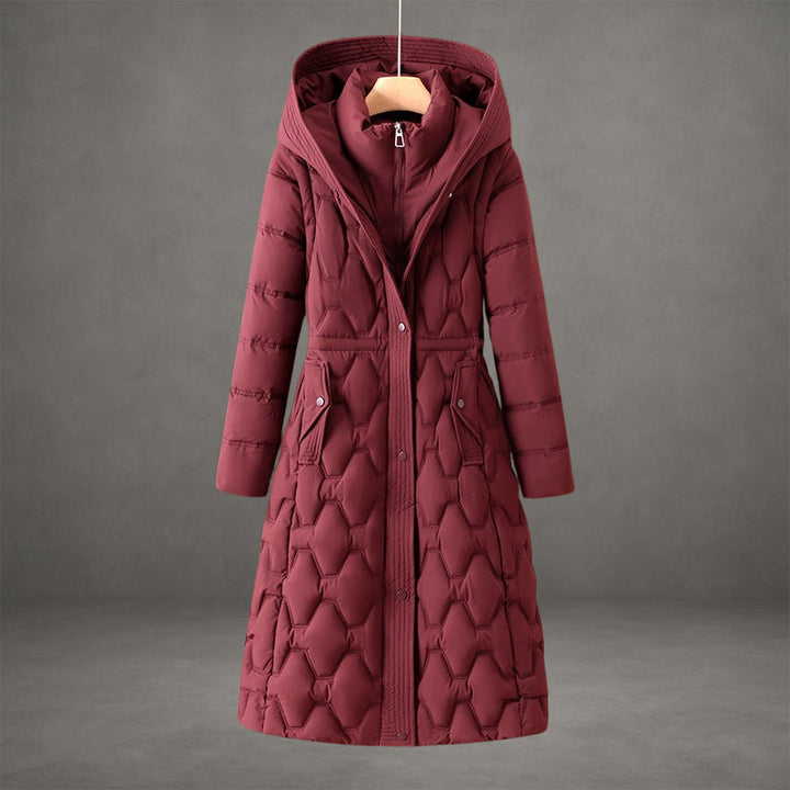Marisabel red hooded longline down coat, front view