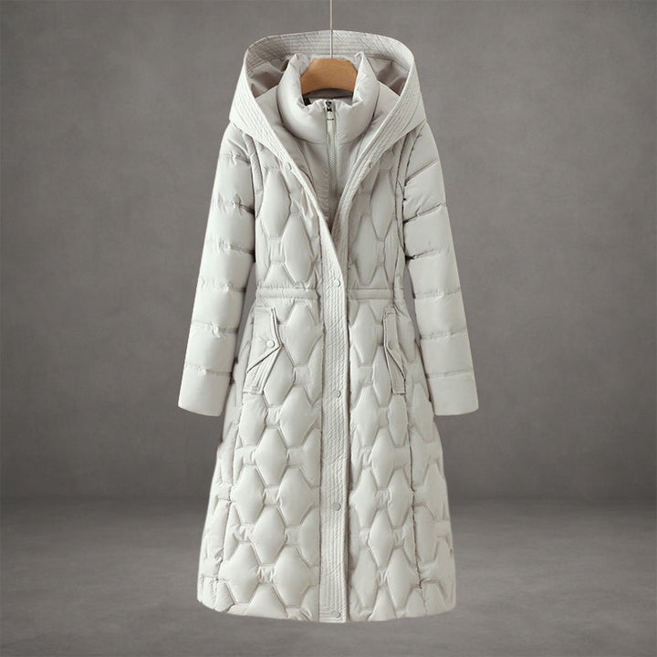 Marisabel white hooded longline down coat, front view