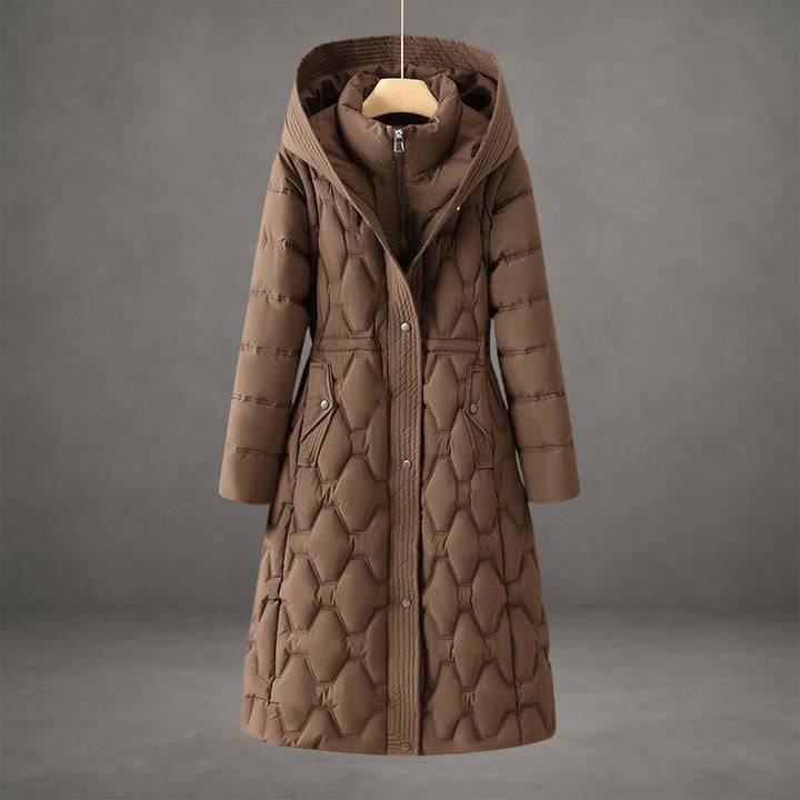 Marisabel brown hooded longline down coat, front view