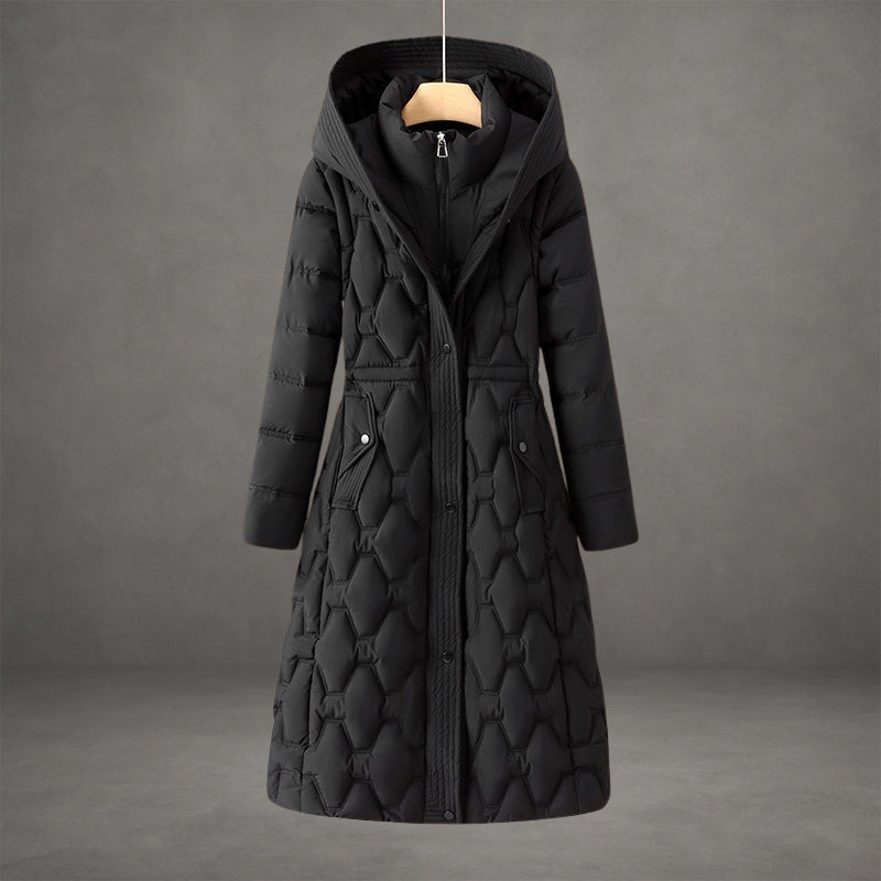 Marisabel black hooded longline down coat, front view