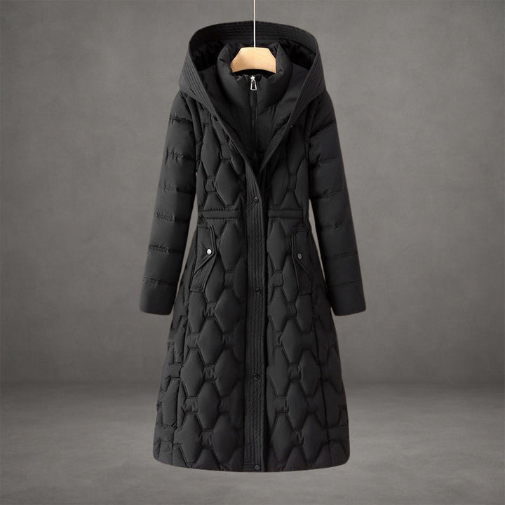 Marisabel black hooded longline down coat, front view