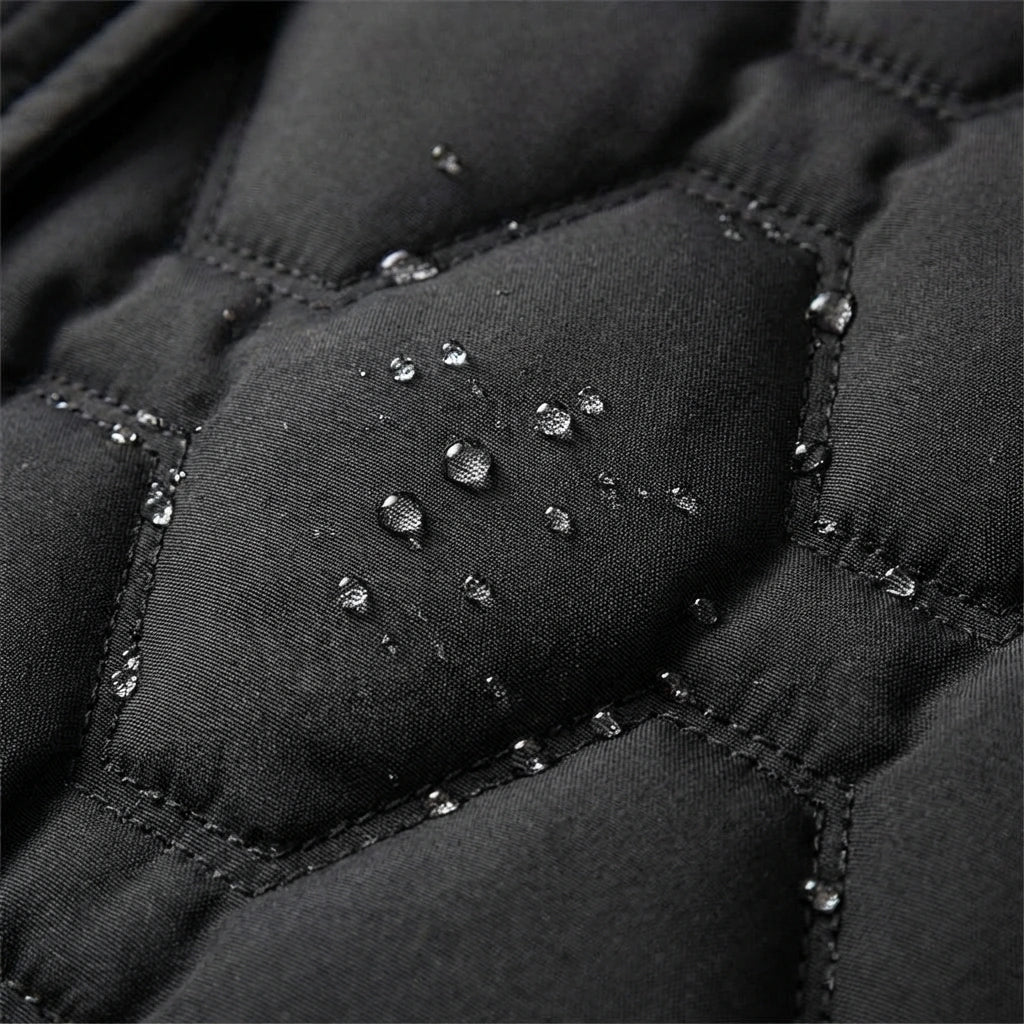 Marisabel black hooded longline down coat, front view